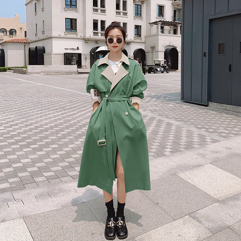 

Women's Trench Coat Contrasting Color Long Spring Autumn Windbreaker British Style Splicing Fashion Korean Ladies Cloak Female