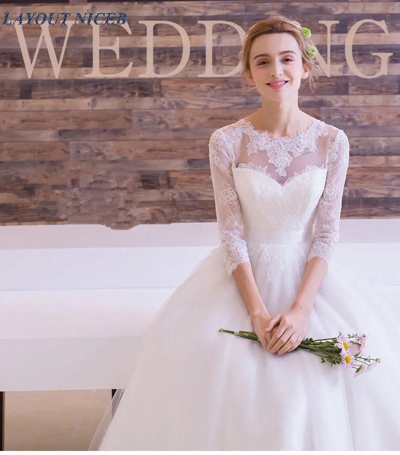 

O Neck Half Sleeve Tulle Mid-Calf Wedding Dress Vintage Gown Lace Appliques vestido de noiva korte trouwjurk