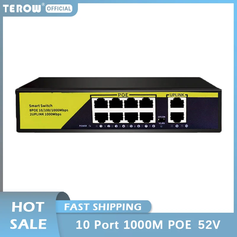 10Port POE Gigabit Switch 52V VLAN 10/100/1000Mbps 8 poe 1000M port+2uplink port Network Switch for CCTV IP Camera Wireless AP