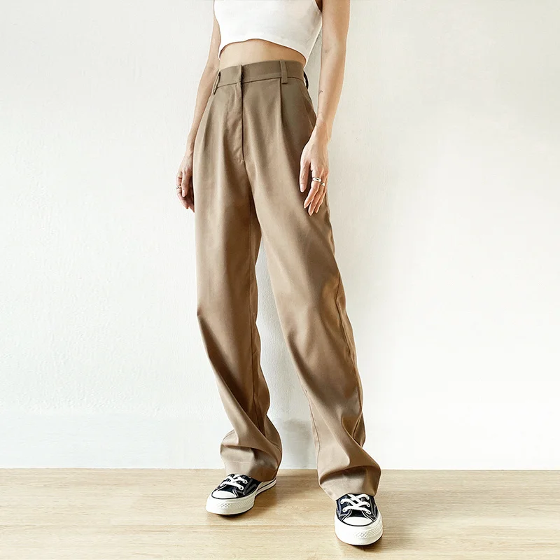 

Women Pants Harajuku High Waist Straight Trousers For Female 2021 New Fashion Loose Casual Elegant Career Trouser Suits Pockets