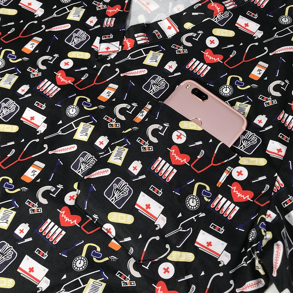 

V-neck Health Center Unisex Print Cartoon Beauty Salon Scrub Workwear Tops Ladies Health Spa Service Scrub Workwear Top 2021 Hot