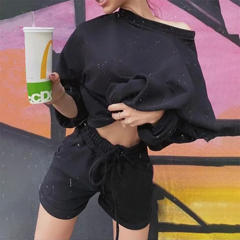 

New Summer Women Sets Cropped Tops Shorts Set 2 Pieces Women Tracksuit Cotton Blend Full Sleeve Crop Top Shorts
