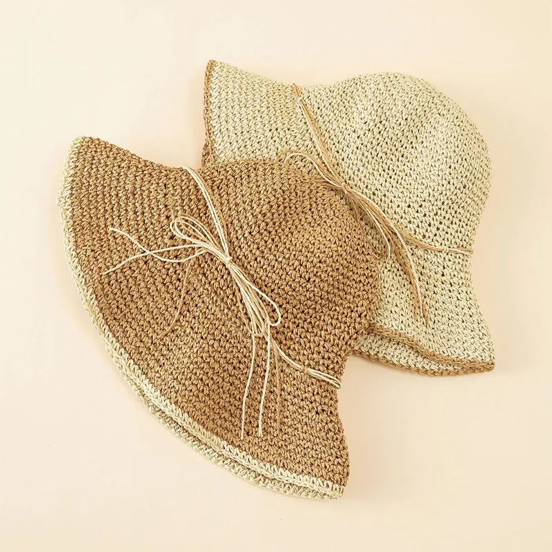 

Straw Rope Bow Collapsible Women Summer Straw Hat Shading Wide Brim Breathable Beach Hat Fisherman'S Cap