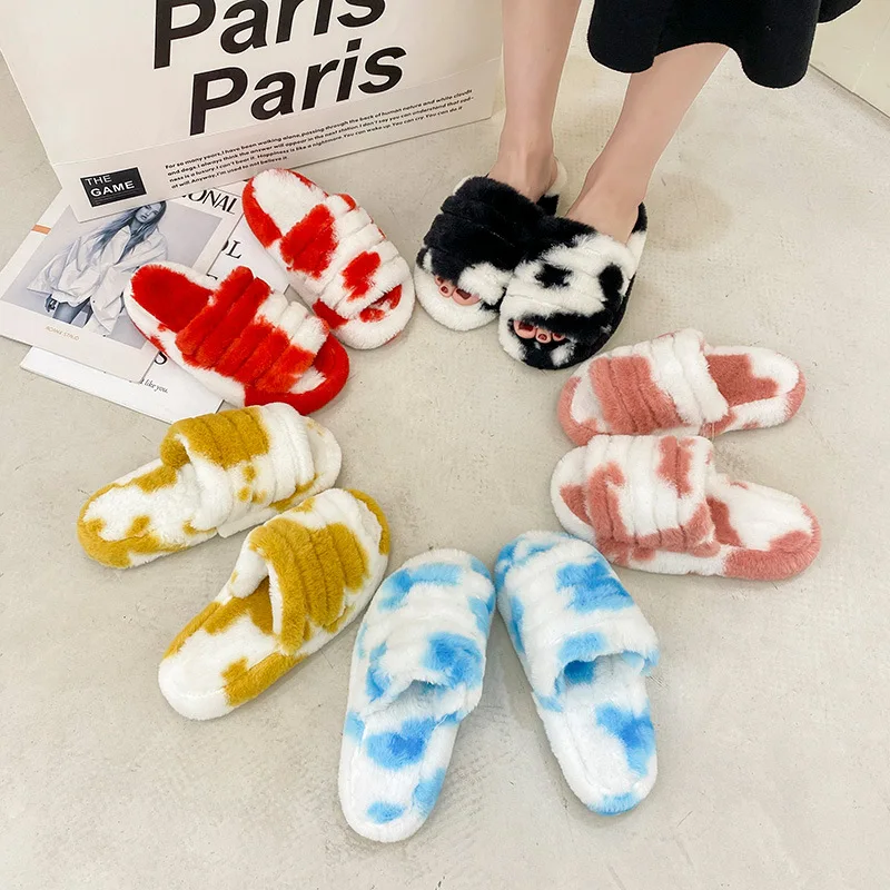 

2021 Popular Summer Women Slippers Outside Casual Colorful Rainbow Faux Fur Thick Soled Flat Slippers Female Slides Sandals
