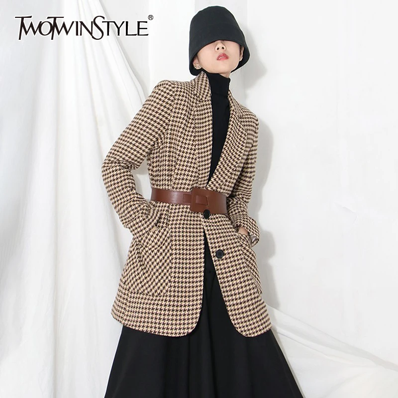 

TWOTWINSTYLE Casual Plaid Lace Up Pockets Blazer Female Notched Long Sleeve Gathered Waist Temperament Coat For Women Autumn New