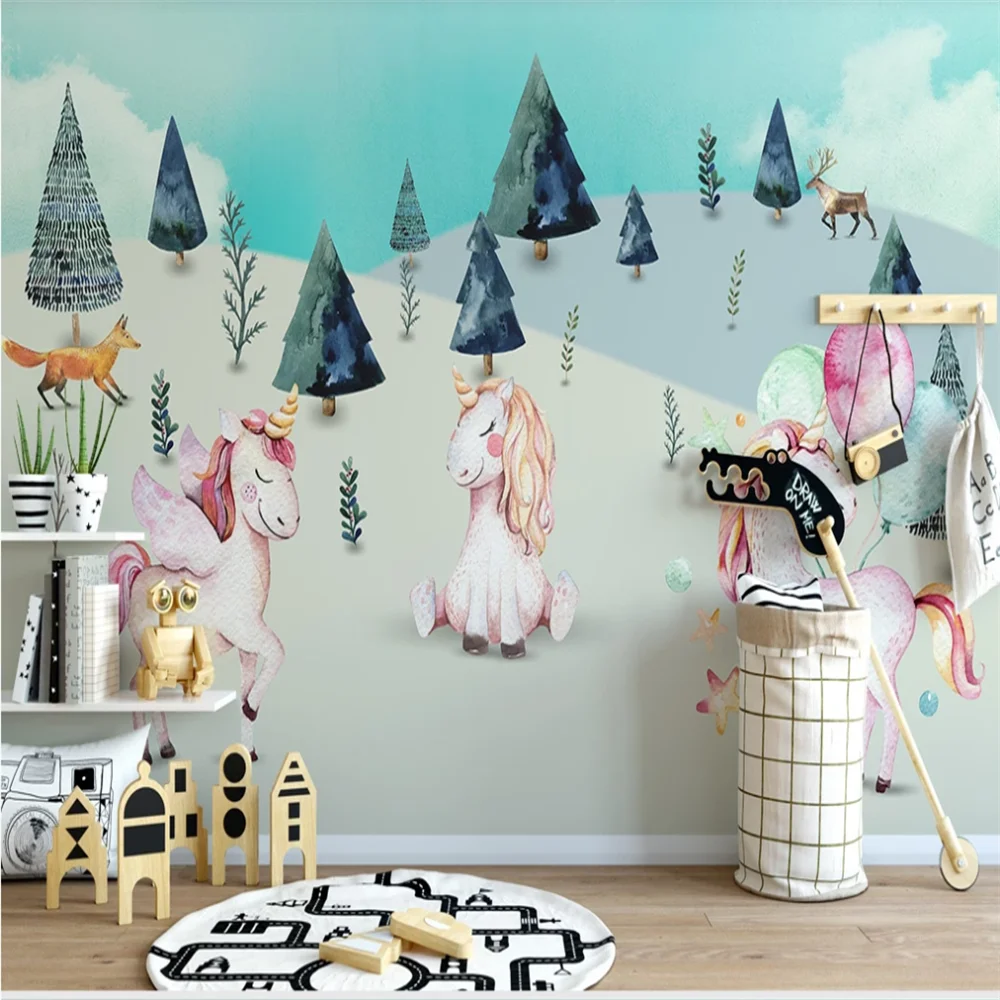 

XUE SU Customized large mural wallpaper Nordic simple animal forest unicorn hand-painted children background wall wall covering