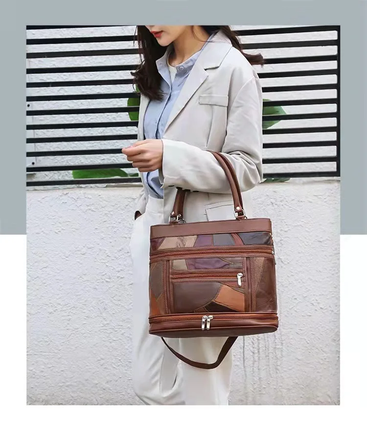 

2021 new trendy European and American retro leather handbags large-capacity stitching tote bag soft leather diagonal handbag