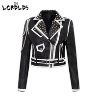 lordlds punk style black and white leather jacket women autumn winter new skull print pu faux ladies moto biker studded coats