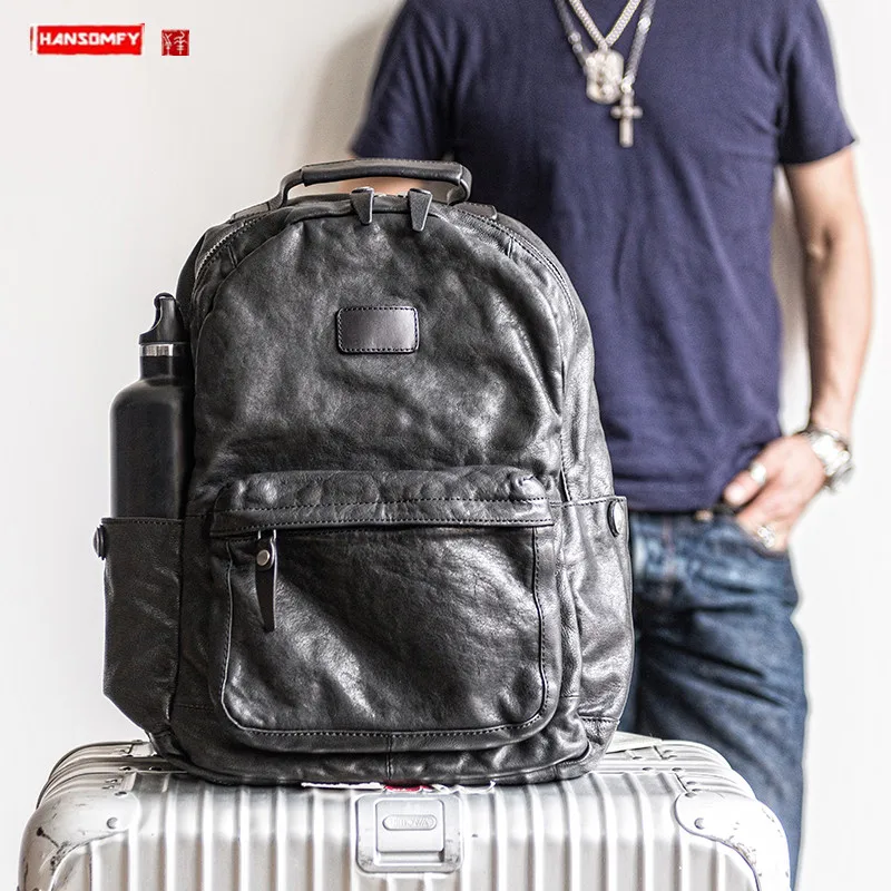 

Retro Genuine Leather Men's Backpack Laptop Bag Male Soft Black Leather Travel Backpacks Trend Large Capacity school backpack