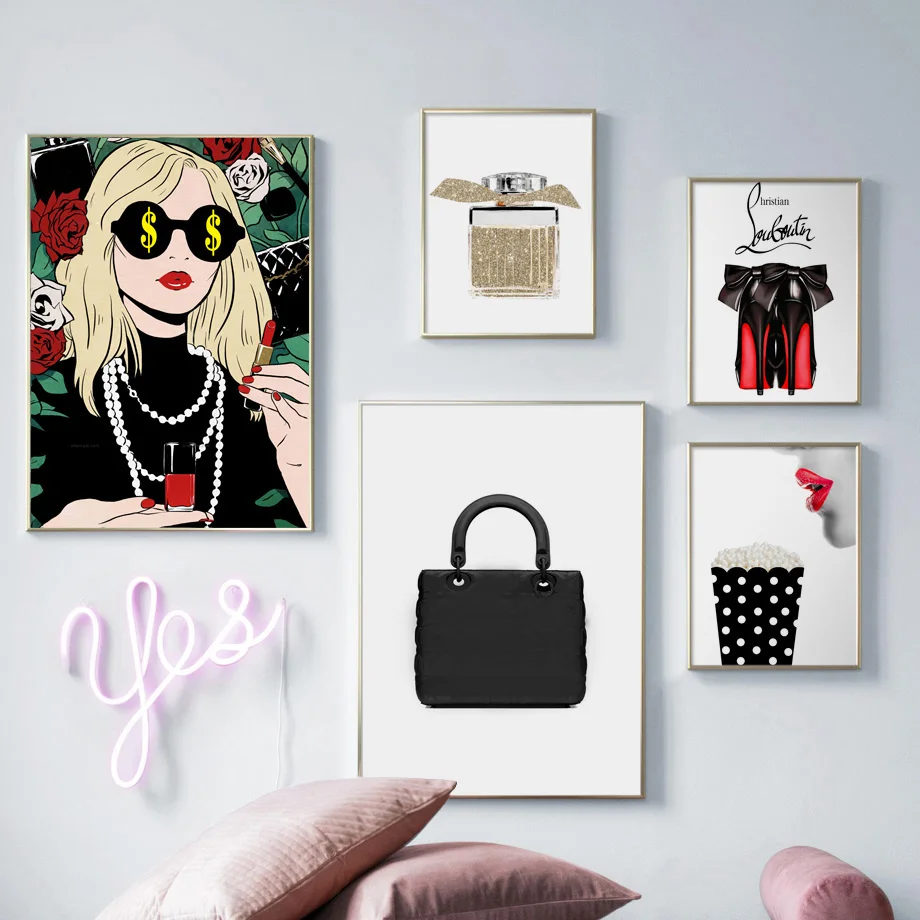 Модные очки женская сумочка на высоком каблуке настенная Картина холсте