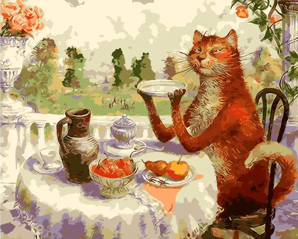 

GATYZTORY DIY Painting By Numbers Cat Eating HandPainted Oil Painting Drawing On Canvas Home Decor Accessories