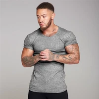 mens t shirt sports fitness bodybuilding short sleeved t shirt casual slim knit tight fitting super elastic breathable tops