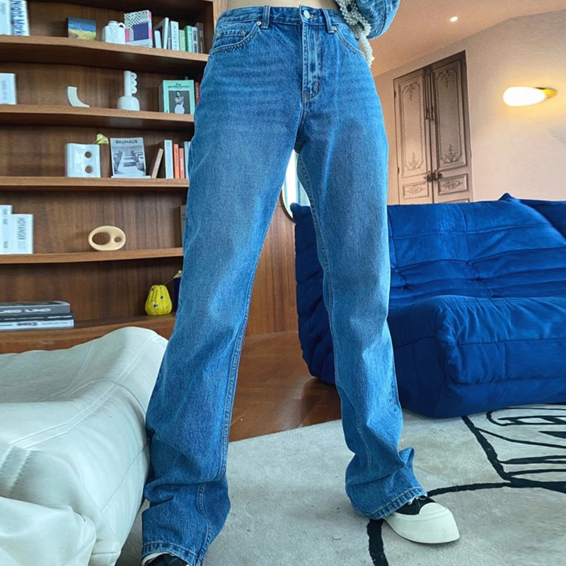 

Women's High Waist Denim Jeans 2021 Streetwear Blue Cotton Boyfriend Flare Pants Summer Female Korean Fashion Trousers Clothing