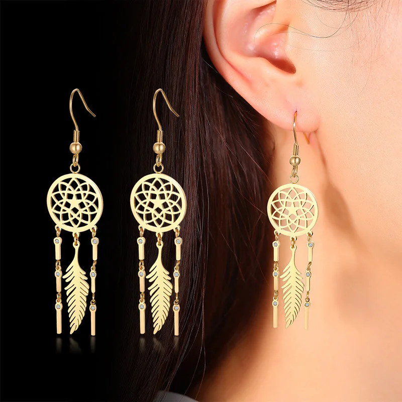 

Vintage Gold Color Dream Catcher Tassels Stud Earrings For Women Bohemia Stainless Steel Feather Earrings jewelry