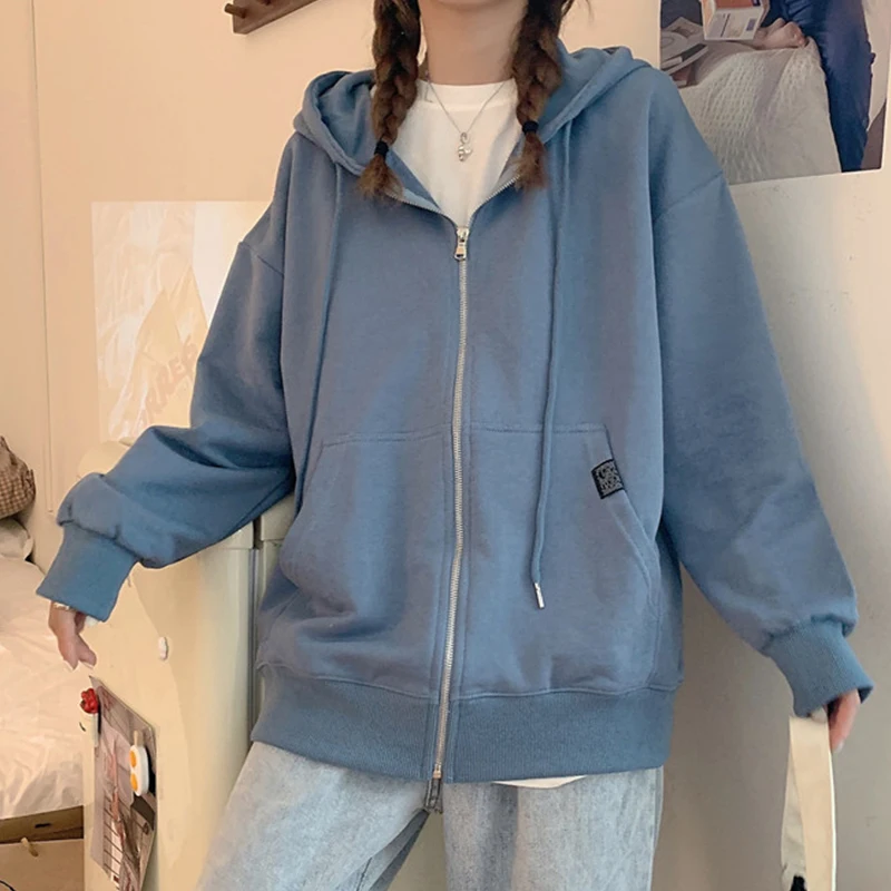 

Fashion Zipper Cardigan Women Sweatshirts Autumn Cotton Hooded Sweatshirts Coat Woman Simple Solid Pocket Long Sleeve Top Ladies