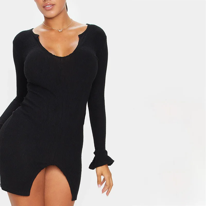 

Women new 2020 V-neck dress Bodycon Long Sleeve cotton Sweater Mini Dress Winter Fall Warm Party Casual Jumper Split short Dress