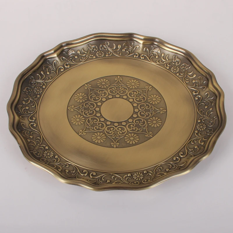 

GY Retro Round Plate Large Chinese Style Living Room Metal Tea Tray Wine Glass Plate Snack and Fruit Plate Water Cup Tray
