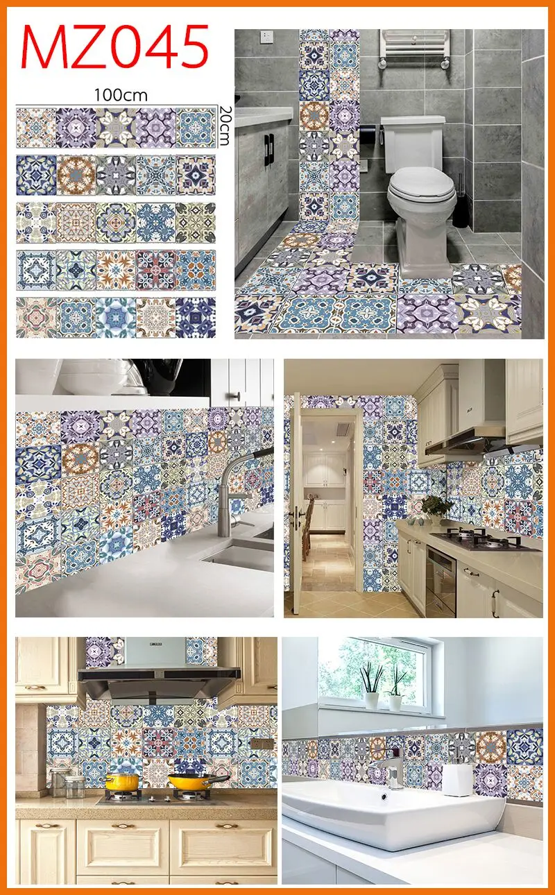 20*100 см* 5 шт 3D Цветы узор Ретро плитка наклейка на стену кухня ванная комната плакат самоклеющиеся пол стекло художественная фреска обои