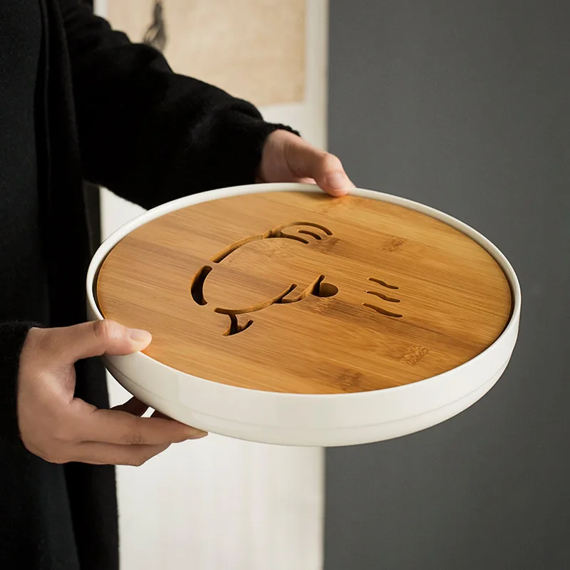 Керамический чайный поднос Dehua для сухого пивоварения Круглый бамбуковый