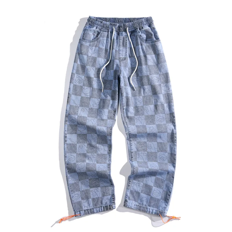 Retro Plaid Men's Jeans New Summer Wide Leg Pants Japanese Streetwear Cartoon Print Fashion Harajuku Trousers Men Baggy | Мужская
