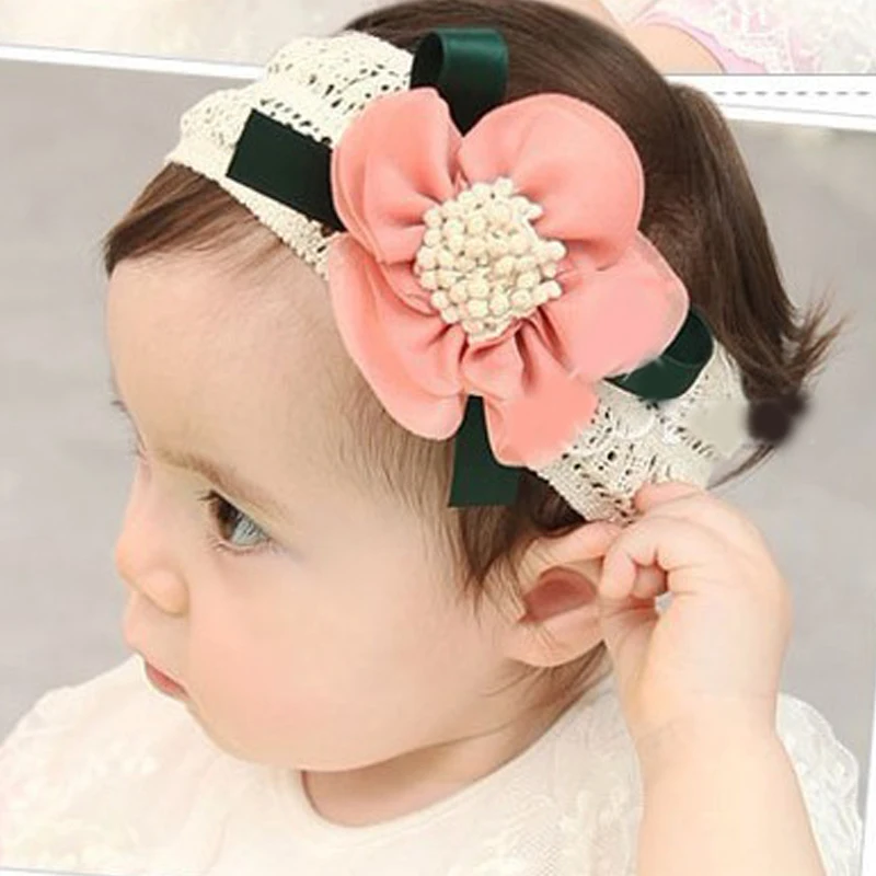 Модная кружевная розовая светло голубая Цветочная повязка для волос девочек