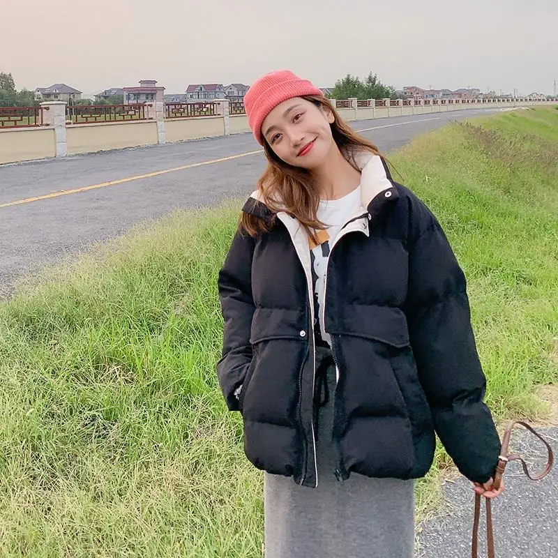 Теплое пальто с воротником-стойкой Женская однотонная короткая Корейская