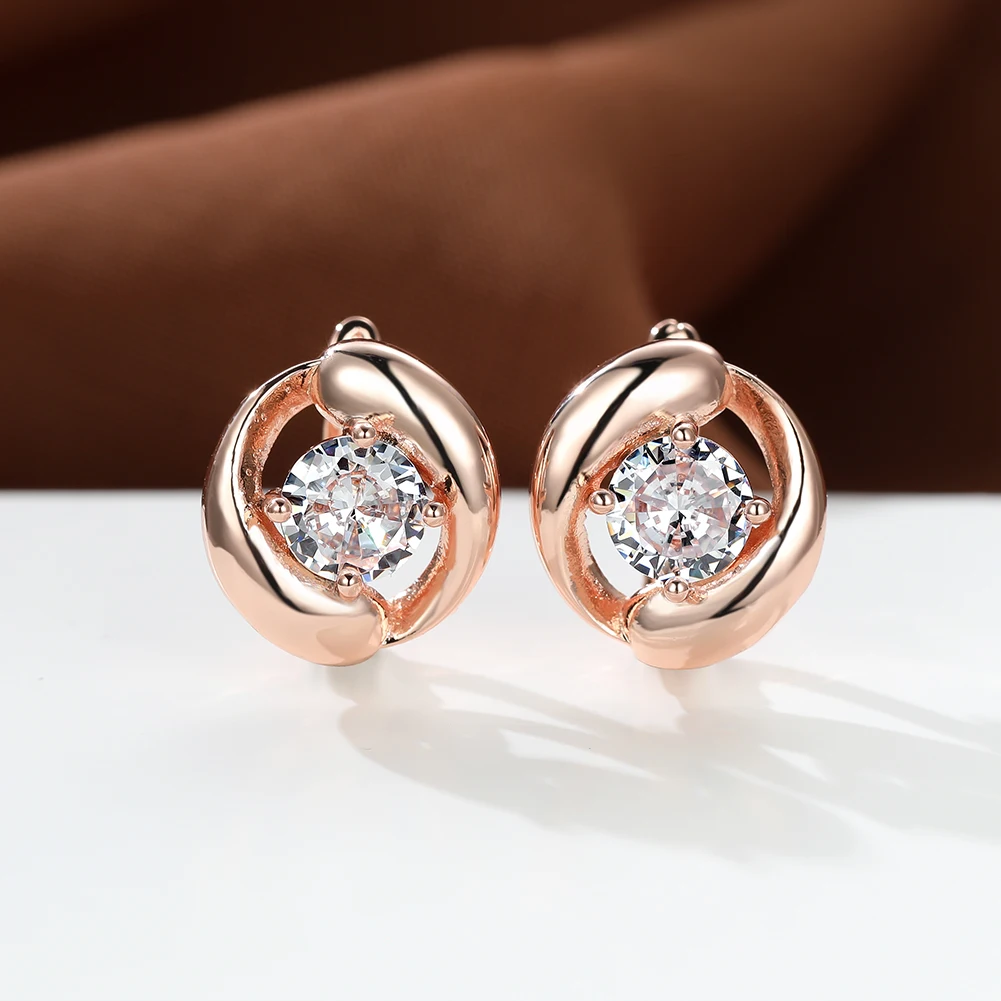 

Simple Cute Rose Gold Round Hoop Earrings for Women With 6mm Round White Zircon Ear Buckle Dainty Wedding Anniversary Jewelry