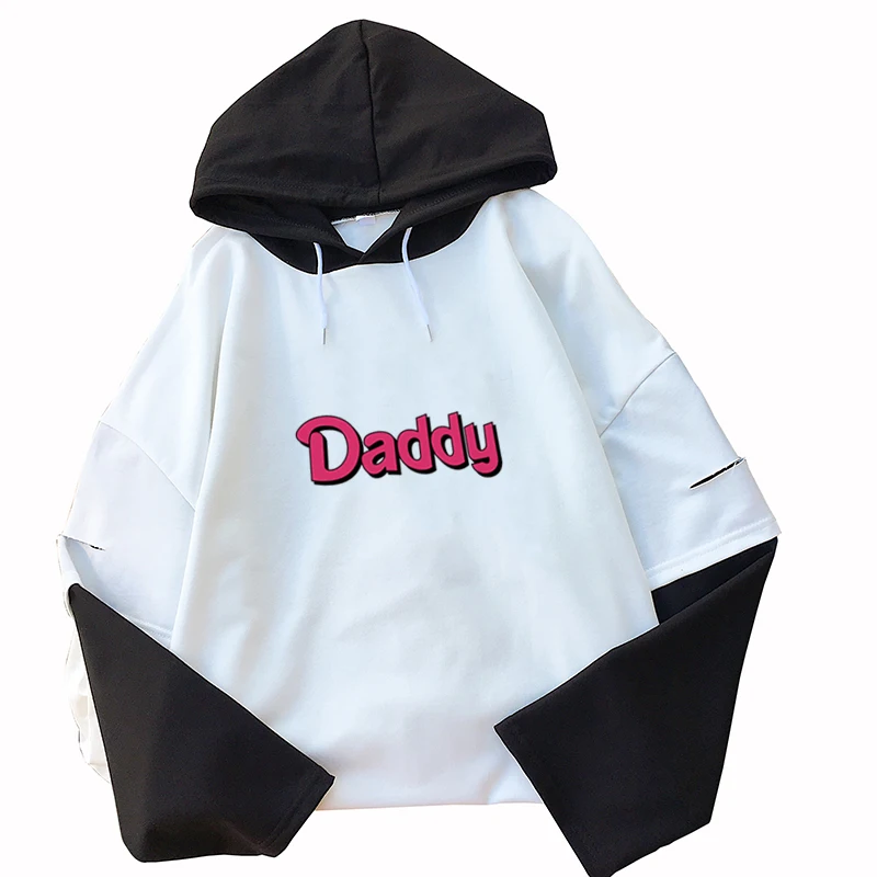 

Women's T-Shirts Harajuku y2k False 2Pcs Patchwork Loose Crative DADDY Letter Print Casual Hooded Blouses Kawaii Female Clothing