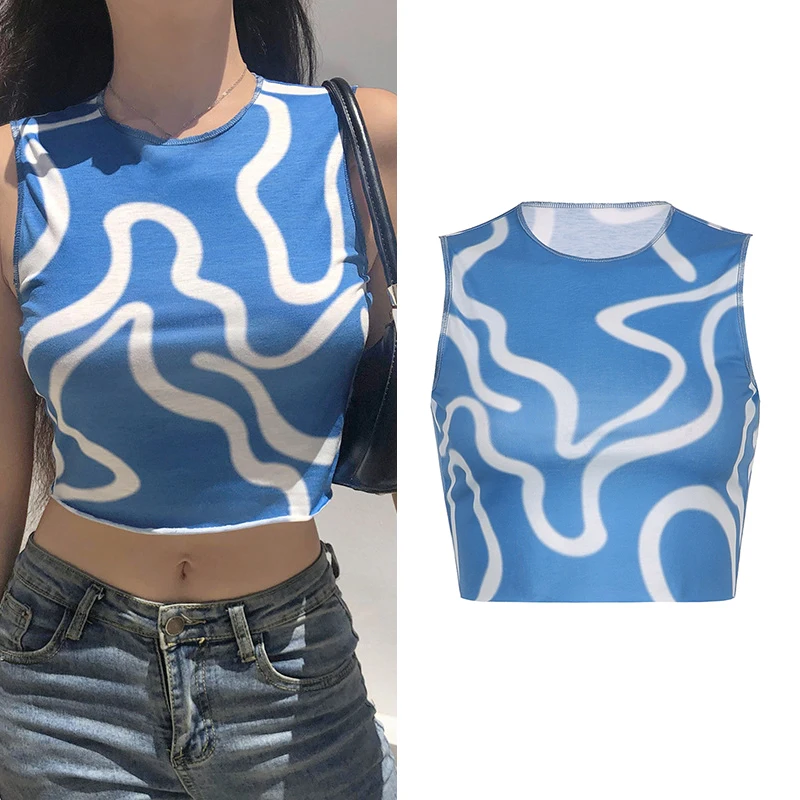

New Sleeveless Camisole Print Sleeveless Cropped Tees Top Women Y2K Fitness Casual Crop Top Tees Basic Clothing Streetwear 2021