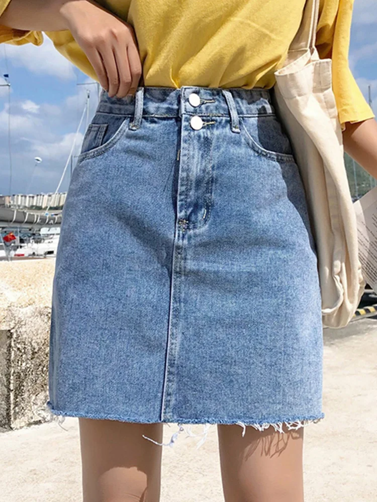 Фото Женская джинсовая юбка с завышенной талией карманами | одежда