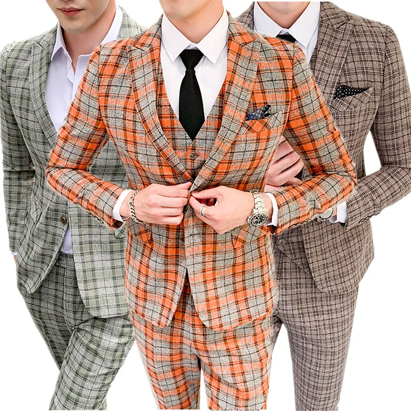 

men jacket Pants Vest 3 pieces sets autumn new mens casual boutique business grid mens suits Blazers trousers waistcoat 5XL