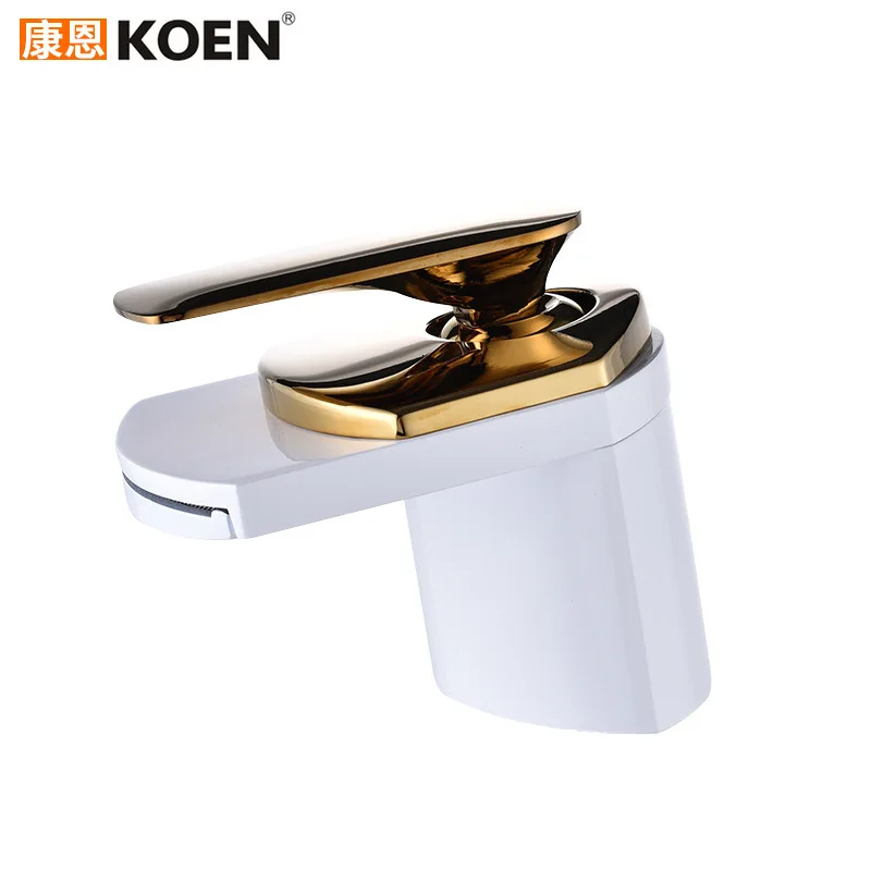 

Full Copper Hot And Cold Basin Hose White Roast Paint Gold-plated Wash Basin Platform Tub Room Waterfall Faucet