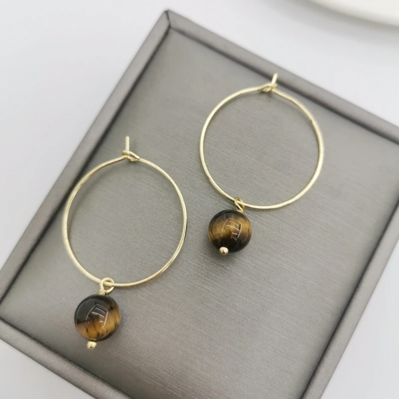 

Natural Stones Geniune Faceted Tiger Eye Earrings Gemstones 14K Gold Filled Hoops Simple Drop Boho Women Earrings Pour Femmes