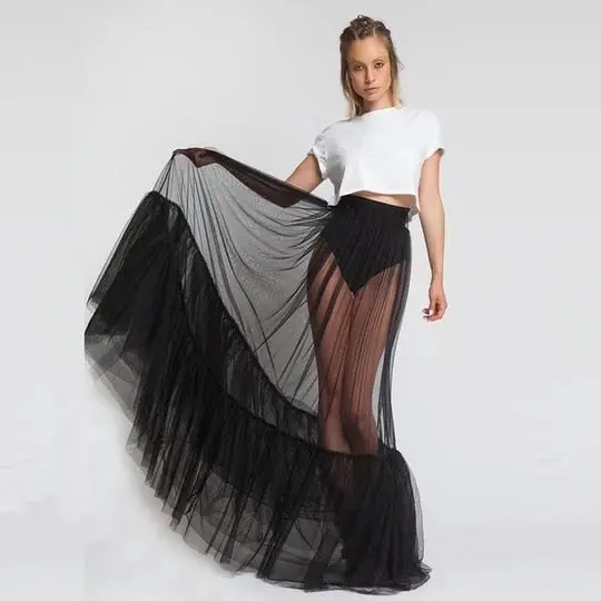 

Women A-line Black Skirts Sheer Sexy Long Custom Made Party Girls New Skirts ropa mujer verano 2021