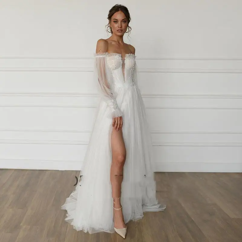 Vintage Wedding Dresses Appliques With Detachable Puff Long Sleeves Wedding Beaded Bridal Gown Vestido De Novia Playero