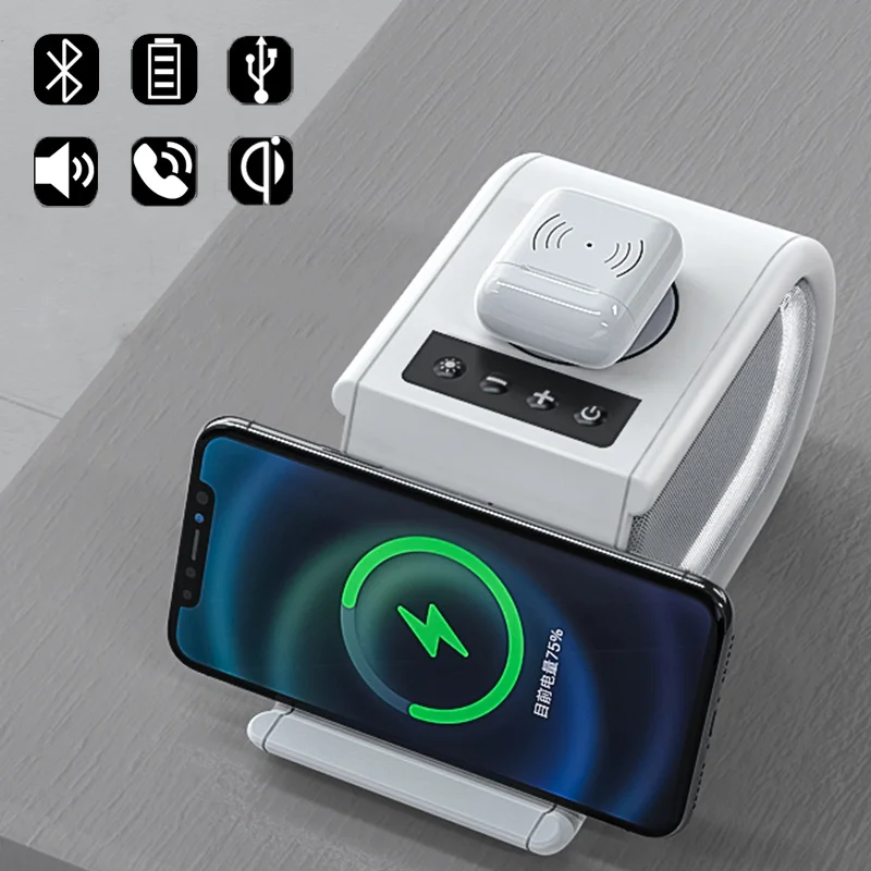 

Vogek Wireless Charger Multifunctional Bluetooth-compati Speaker Charger 15W Fast Charging Station Dual Speakers Phone Holder