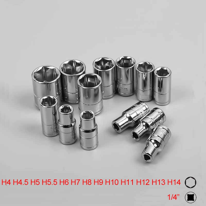 

13pcs 1/4 Inch Drive 4-14mm Hex Socket Set Mini Size Hexagon Wrench Head For Ratchet Bike Repairing Nut Removing Tool
