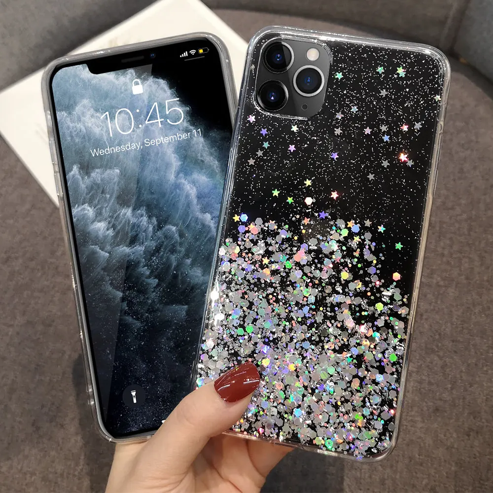 Прозрачный блестящий тонкий мягкий чехол с блестками для IPhone 11 12 Pro X Xr Xs Max