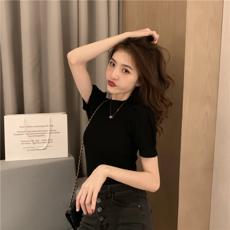 Summer Knitted Shirts Women 2022 Solid Half Turtleneck O Neck Short Puff Sleeve Female Casual Loose Cotton LadyTops 10375 | Женская