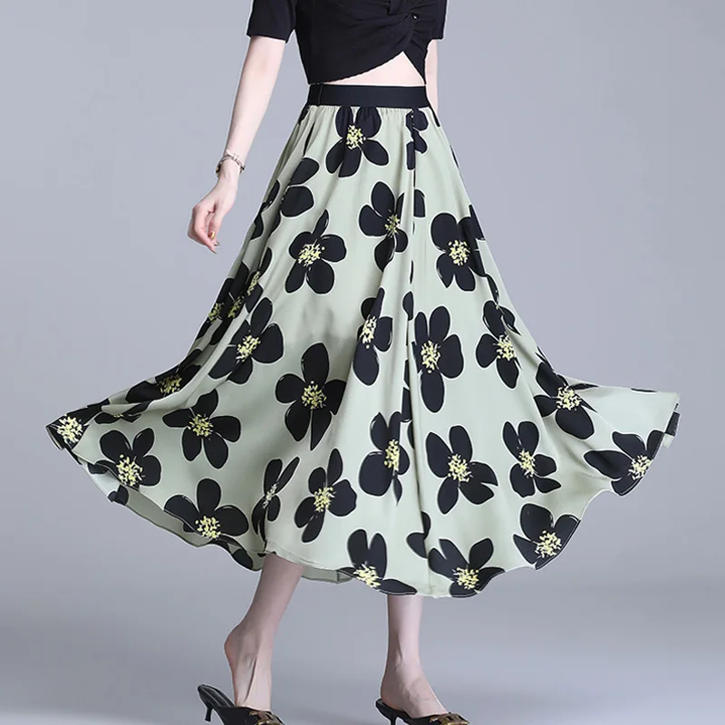 

Summer Big Floral Vintage A-line Calf Long Chiffon Skirts Blue/Green Elastic Waist Pleated Chiffon Flowers Skirts
