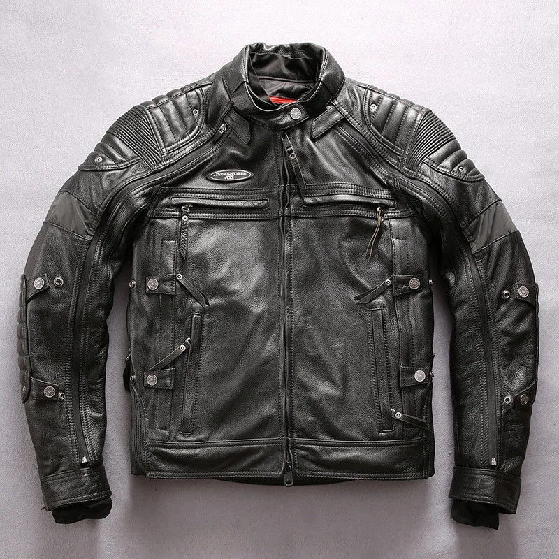 

Новая фабрика 2020, Мужская черная мотоциклетная кожаная куртка, модные супер толстые байкерские куртки из воловьей кожи с 4 съемными подклад...