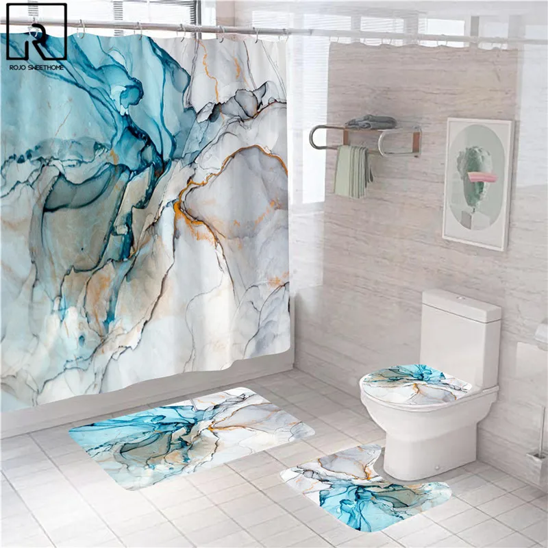 green gold bathroom curtain marble bath screen shower curtains decoration waterproof partition anti slip mat set toilet cover free global shipping