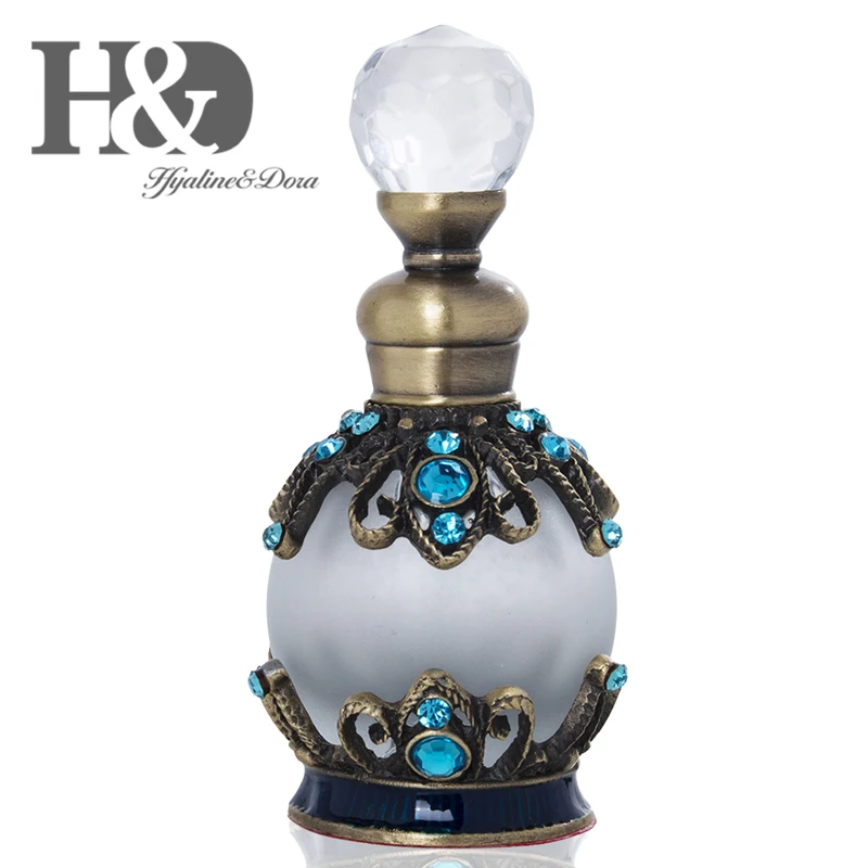 

H&D 15ml Antiqued Metal Glass Perfume Bottle With Blue Crystals Empty Refillable Fragrance Container Home Wedding Decor Gift