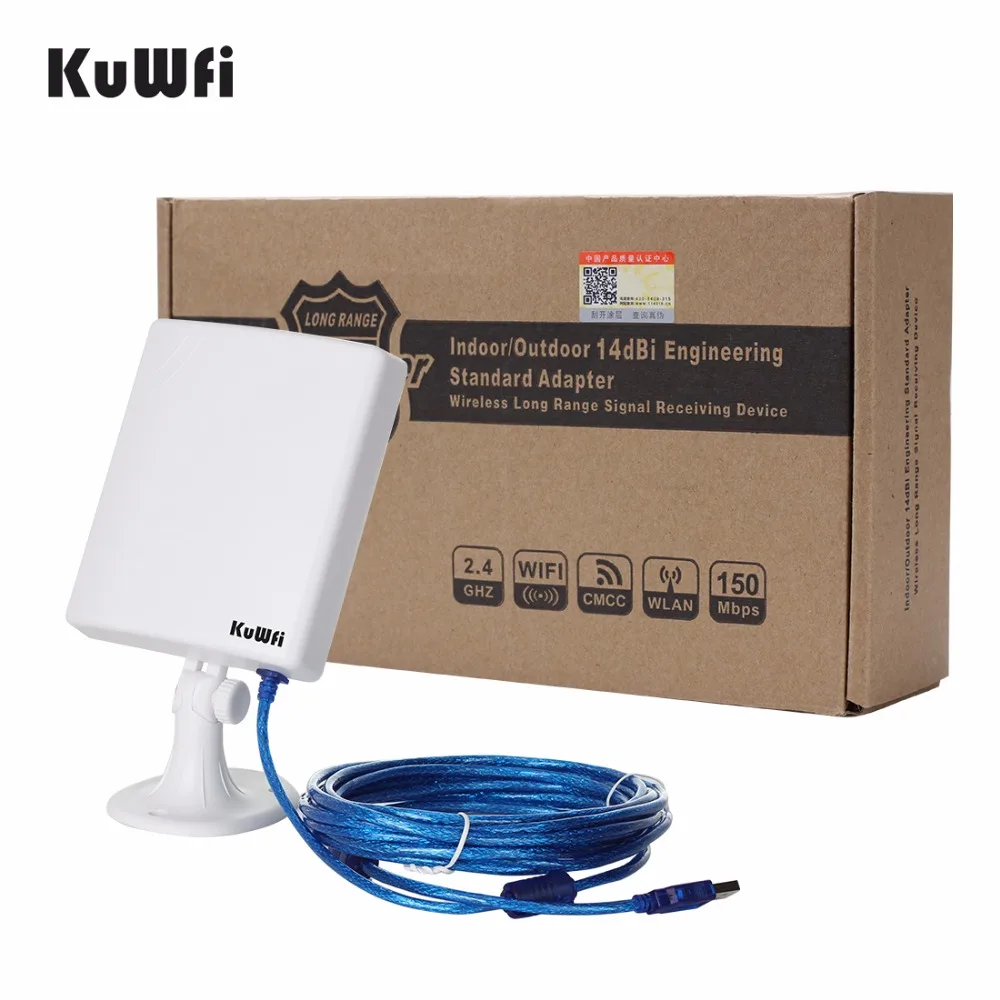 KuWfi 150 Мбит/с Wifi приемник мягкий AP с высоким коэффициентом усиления 14dBi антенна 5 м кабель USB адаптер высокая мощность открытый водонепроницаемый большой диапазон