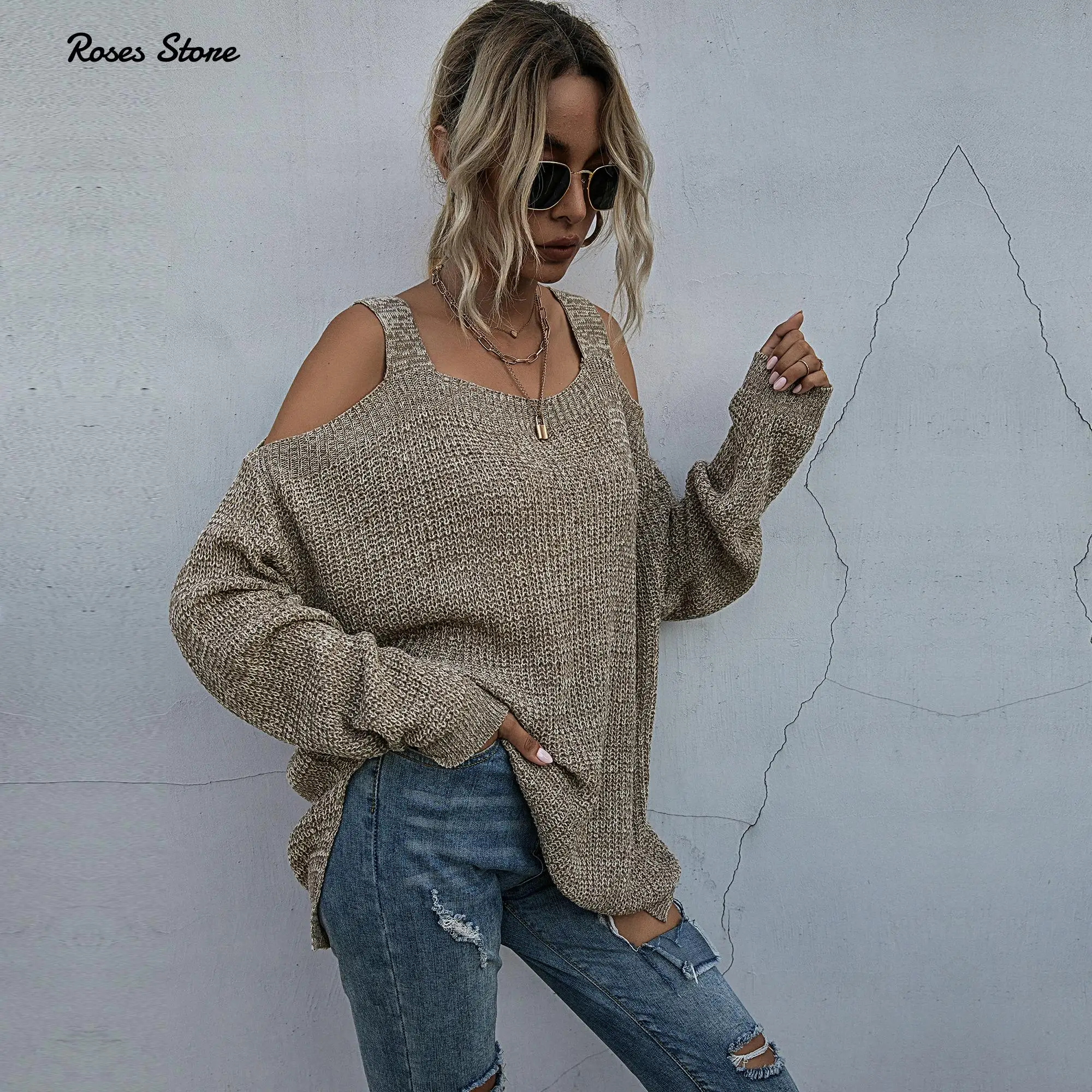 Women's Autumn Loose Lightweight Off Shoulder Sweater Khaki Pullovers Fashion Clothes Female Tops Streetwear Spring Y2K Jumpers | Женская