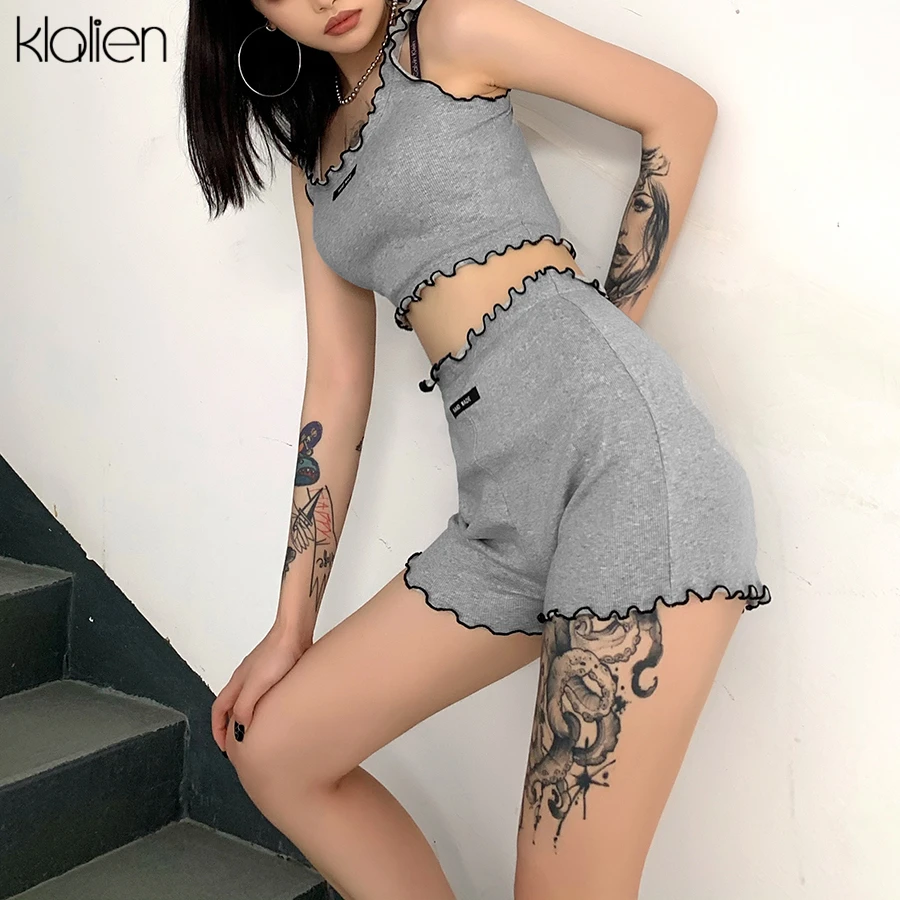 KLALIEN summer women casual two piece set leisure print letter gray cotton top and short activewear sport outfit |