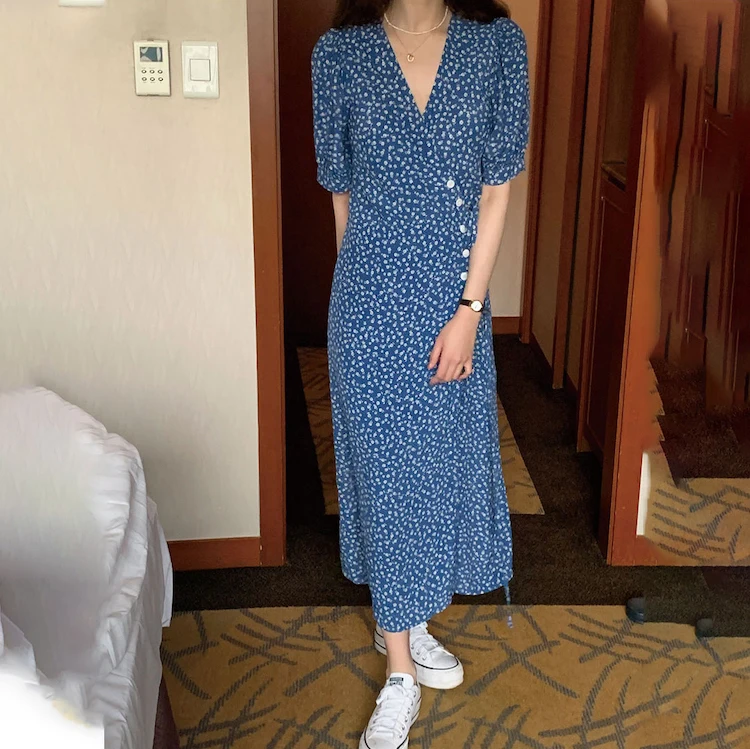 

GRUIICEEN Elegant Floral Dress Lace Chiffon Korean Party Dress Short Sleeve V-Neck Long Dress Summer Dresses for Women 2021