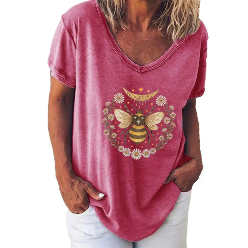 

Women Short Sleeve Bee Pattern T-Shirt Lady Summer Casual Tee V-Neck Tops Blouse