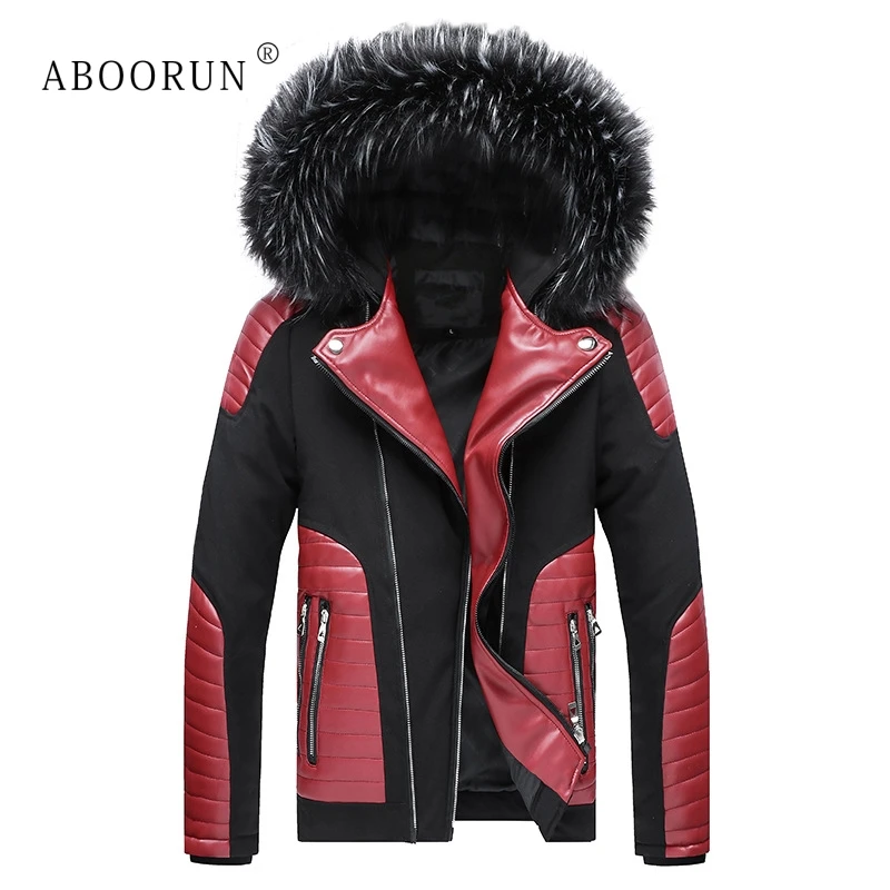 

Мужская мотоциклетная куртка из искусственной кожи ABOORUN, куртка с большим меховым воротником, пальто с капюшоном для мужчин