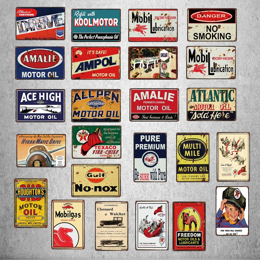 Жестяной знак двигателя и масла для гаража потертый шикарный металлический